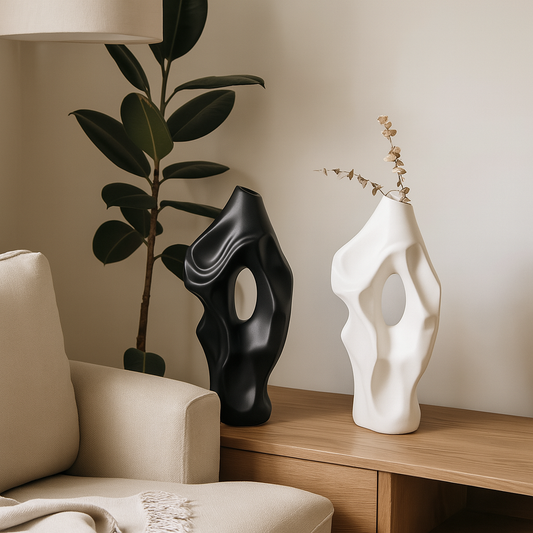 Modern Sculptural Ceramic Vase | Abstract Shelf or Table Decor | Black or White Finish