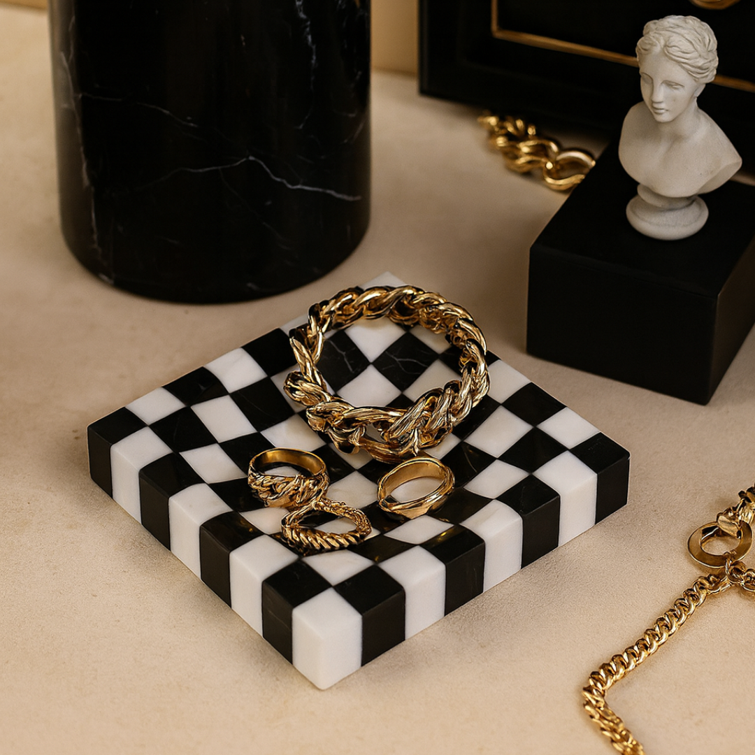 Checkered Marble Jewelry Tray | 4.7 × 0.8 in | Stone Inlay | Modern Vanity Organizer | Brick by Brick