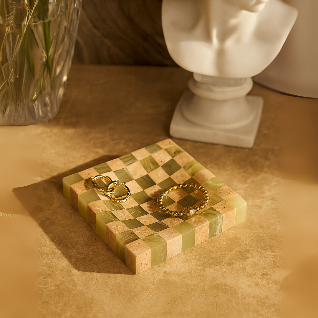 Checkered Marble Jewelry Tray | 4.7 × 0.8 in | Stone Inlay | Modern Vanity Organizer | Brick by Brick