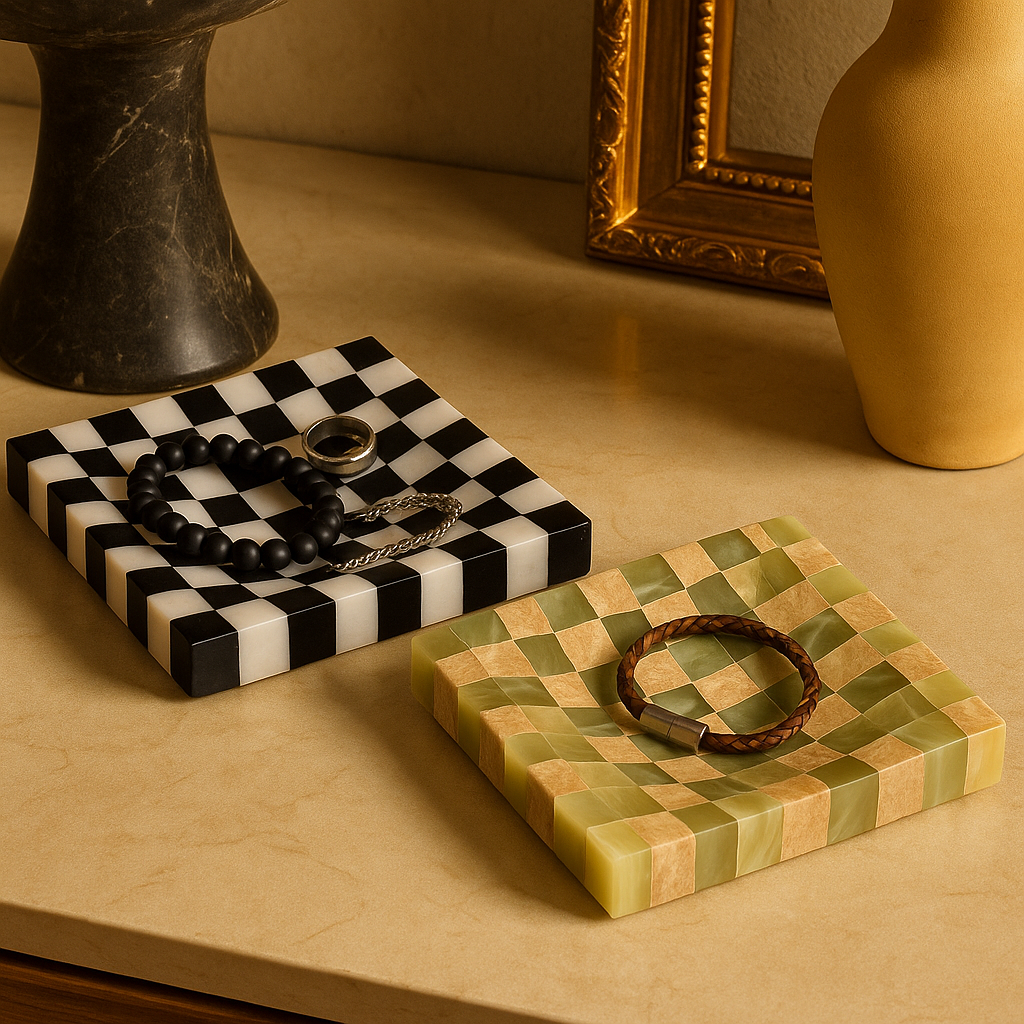 Checkered Marble Jewelry Tray | 4.7 × 0.8 in | Stone Inlay | Modern Vanity Organizer | Brick by Brick