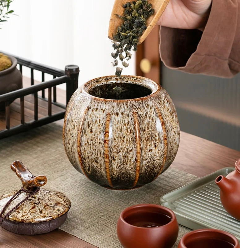 Handcrafted Ceramic Tea Jar | 4.72H x 4.21W | Elegant Chin Design | With Lid & Tassel | Brick by Brick