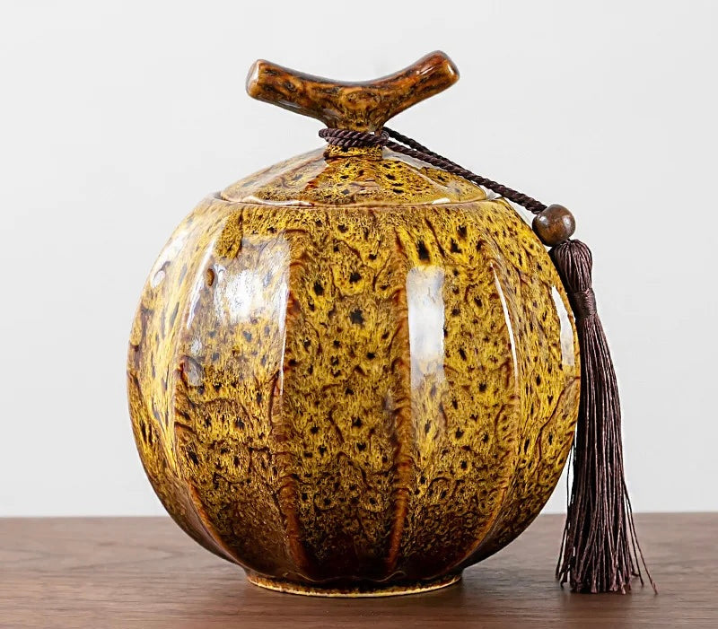 Handcrafted Ceramic Tea Jar | 4.72H x 4.21W | Elegant Chin Design | With Lid & Tassel | Brick by Brick