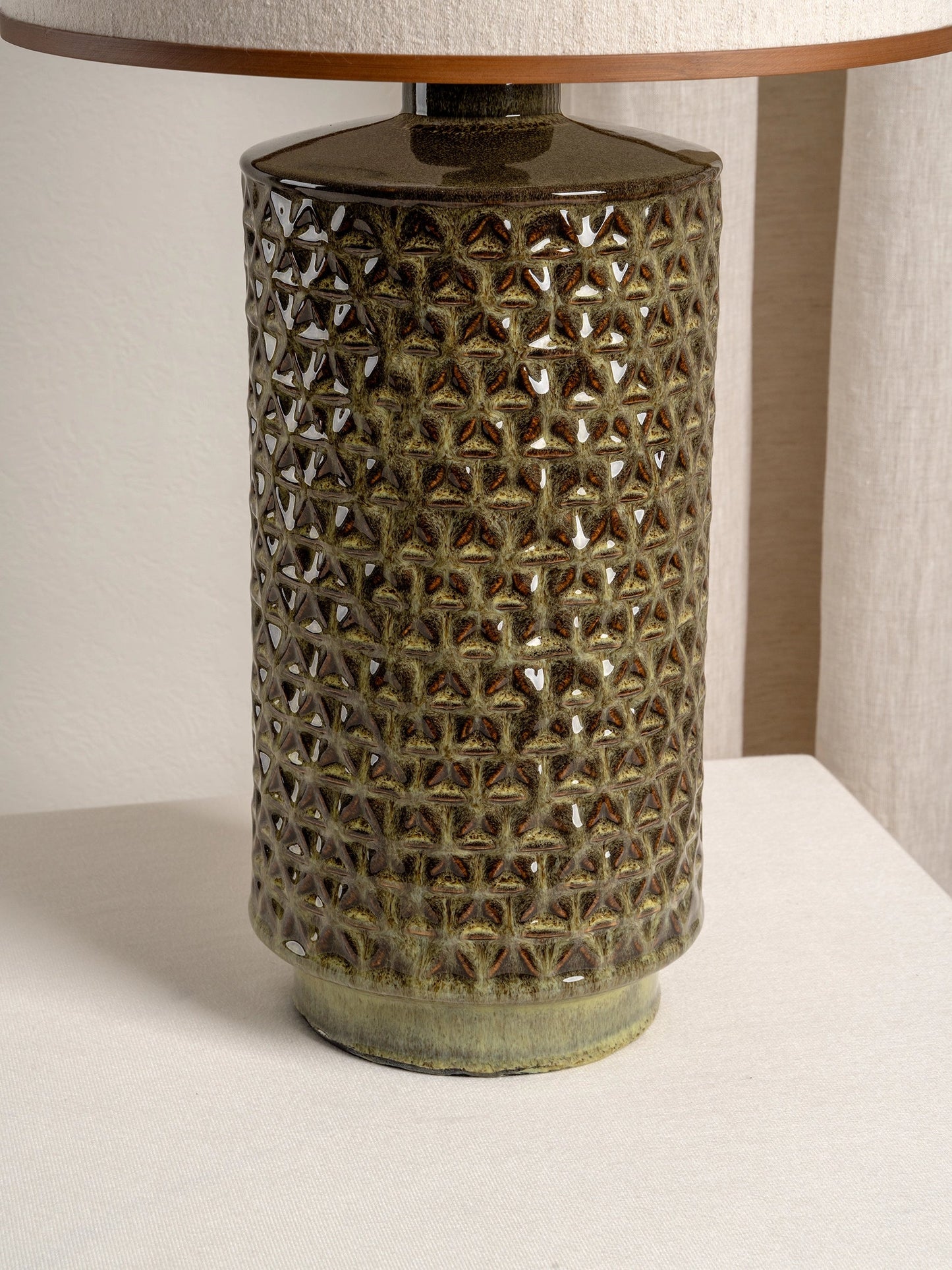 Filaree Tall Green Glazed Ceramic Table Lamp | Mid-Century Bedroom Lamp | Natural Linen Shade | Brick by Brick London 2