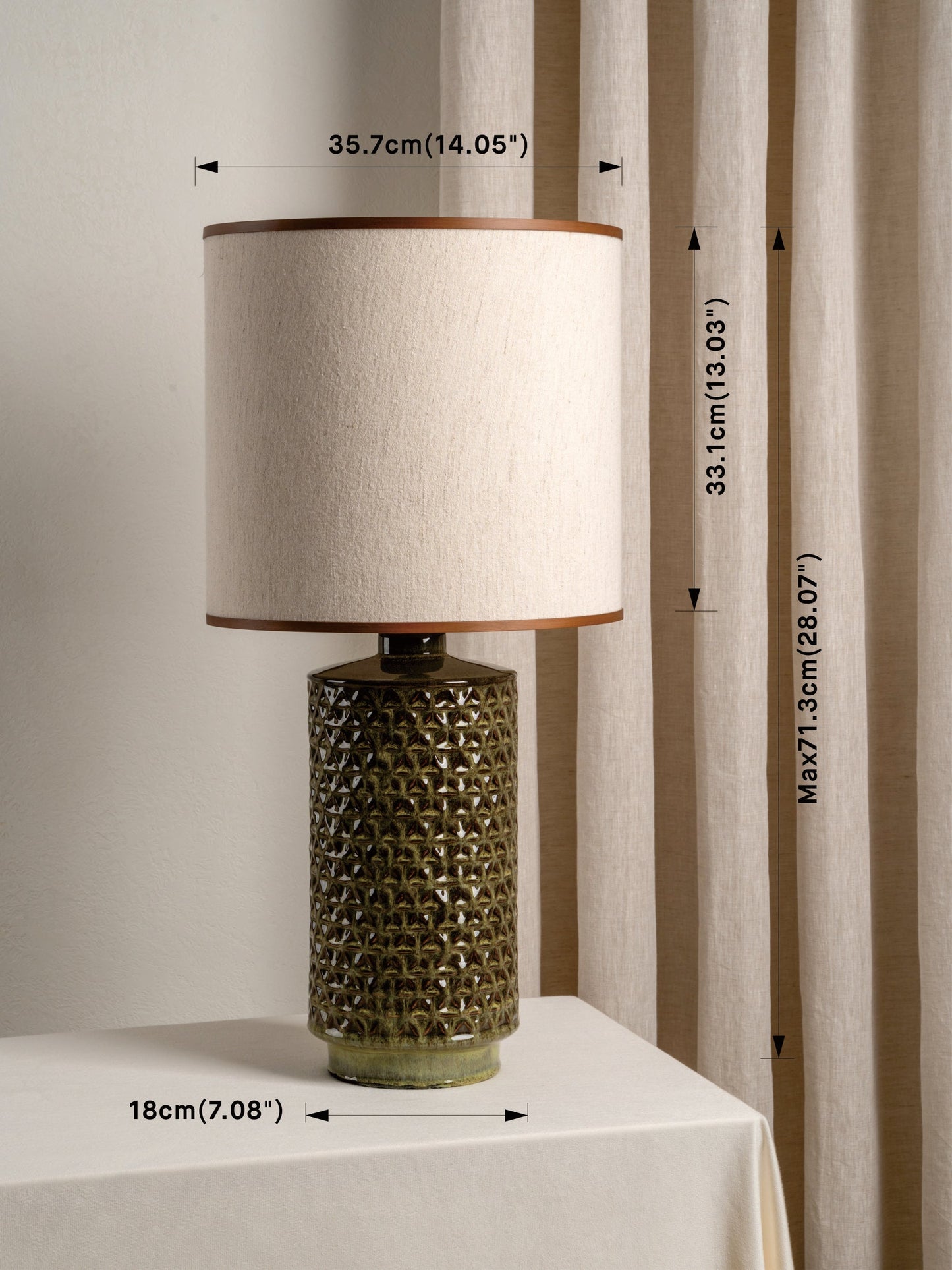 Filaree Tall Green Glazed Ceramic Table Lamp | Mid-Century Bedroom Lamp | Natural Linen Shade | Brick by Brick London 4
