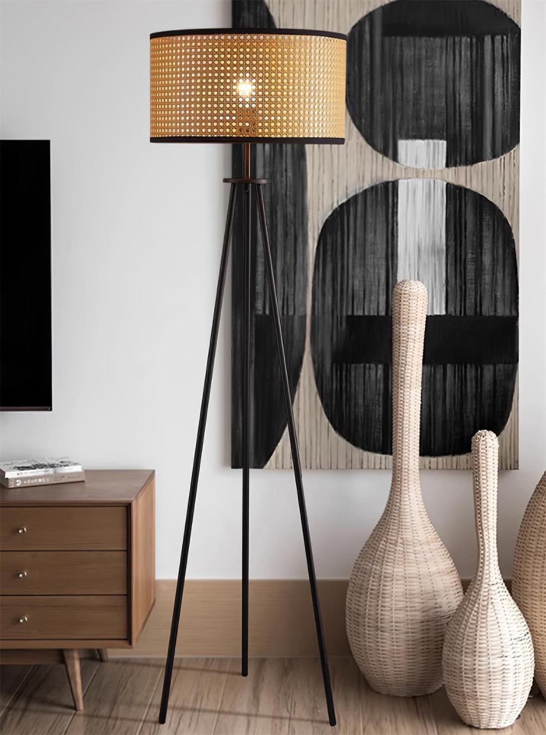 Handwoven Rattan Floor Lamp | Tripod Floor Lamp for Living Room | 59 Metal Base | Rustic Home Decor | Brick by Brick London 4