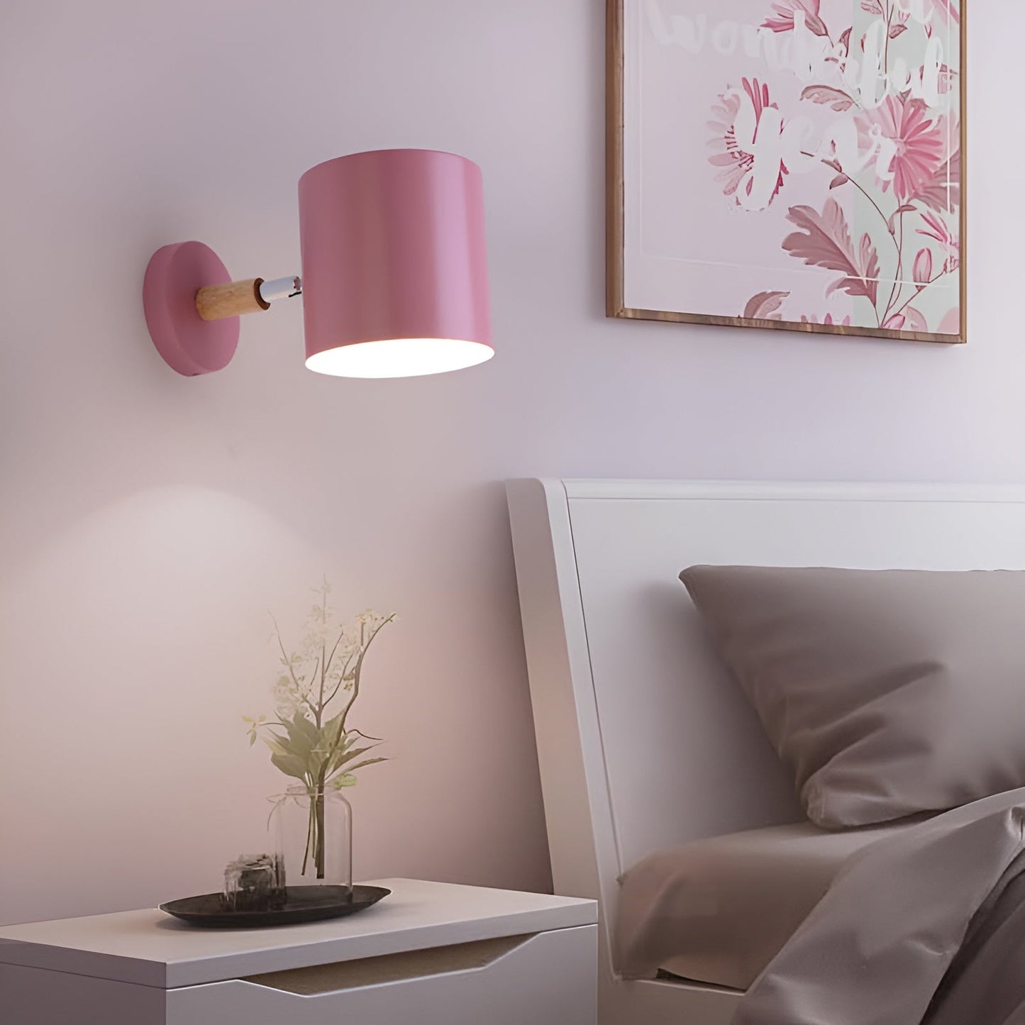 Scandinavian Wall Lamp | Adjustable 90° Light | Wood & Pastel Metal | Modern Bedroom Accent