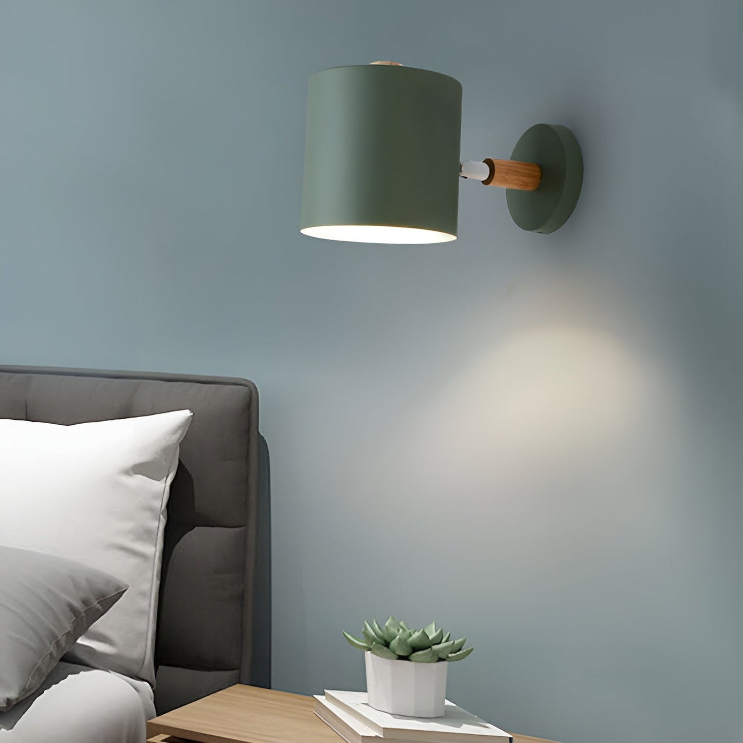 Scandinavian Wall Lamp | Adjustable 90° Light | Wood & Pastel Metal | Modern Bedroom Accent