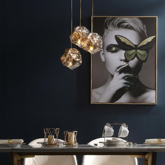 Ice Cube Glass Pendant | 7.1 - 23.6 in | Luxury Brass Hanging Light | Textured Glass Lamp | Contemporary Home Decor | Brick by Brick