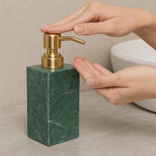 Marble Soap Dispenser |  2.8 in × 7.1 in | Solid Stone Base | Metal Pump | Brick by Brick