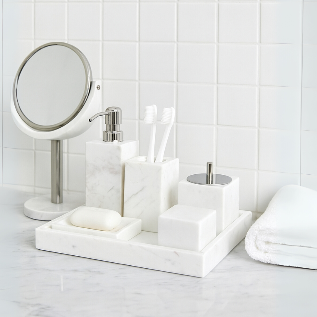 Marble Bathroom Set | 6-Piece Vanity Accessories | Solid Stone & Metal Accents | Brick by Brick
