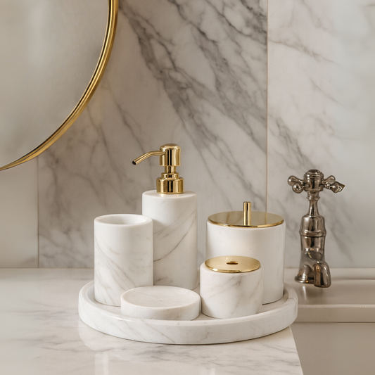 Marble Bathroom Set | 6-Piece Vanity Accessories | Solid Stone & Metal Accents | Brick by Brick