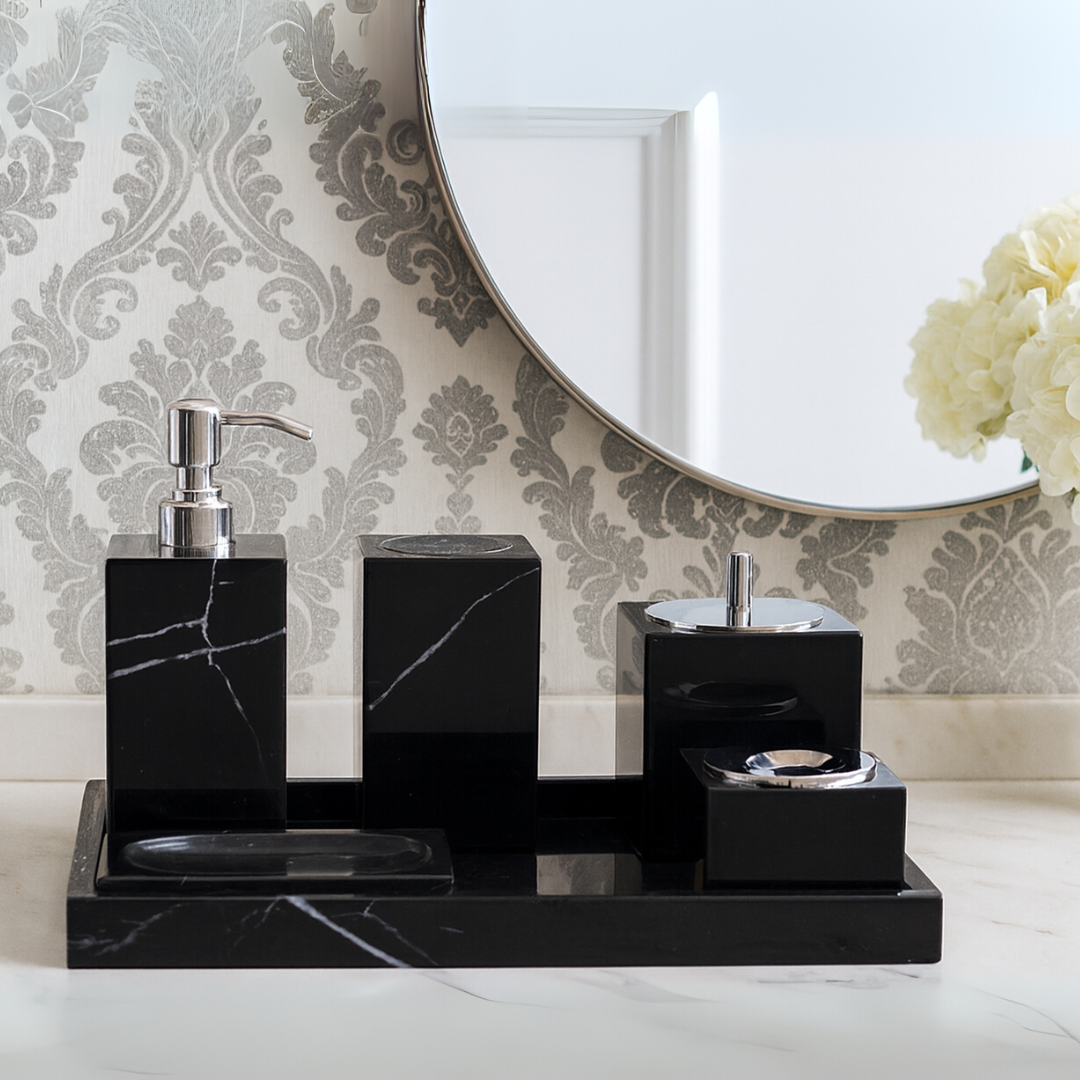 Marble Bathroom Set | 6-Piece Vanity Accessories | Solid Stone & Metal Accents | Brick by Brick