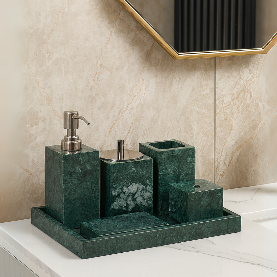 Marble Bathroom Set | 6-Piece Vanity Accessories | Solid Stone & Metal Accents | Brick by Brick