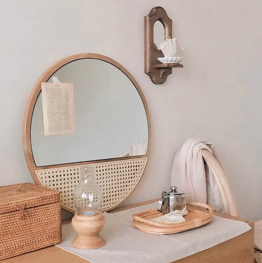 Mitsuru Round Mirror | 24 Wall Decor | Natural Wood & Rattan Inlay | Versatile Home Accent | Brick by Brick London 1