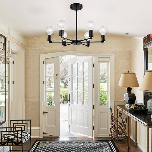 Industrial 6-Light Chandelier | Black or Black-Gold Iron Frame, E27 Bulb Ceiling Lamp | Brick by Brick