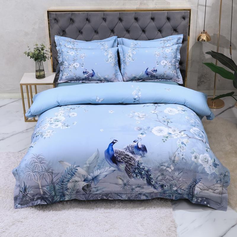 Egyptian Cotton Bedding Set | 78.7 - 90.6 in | Blue Floral Peacock Pattern | Soft Breathable 4-Piece Duvet Cover Set | Brick by Brick