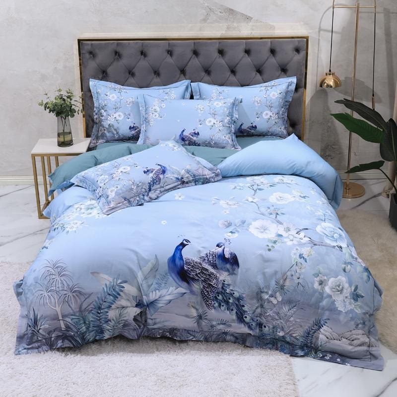 Egyptian Cotton Bedding Set | 78.7 - 90.6 in | Blue Floral Peacock Pattern | Soft Breathable 4-Piece Duvet Cover Set | Brick by Brick