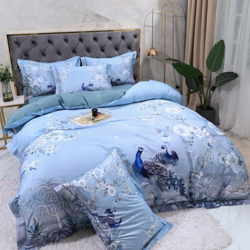 Egyptian Cotton Bedding Set | 78.7 - 90.6 in | Blue Floral Peacock Pattern | Soft Breathable 4-Piece Duvet Cover Set | Brick by Brick