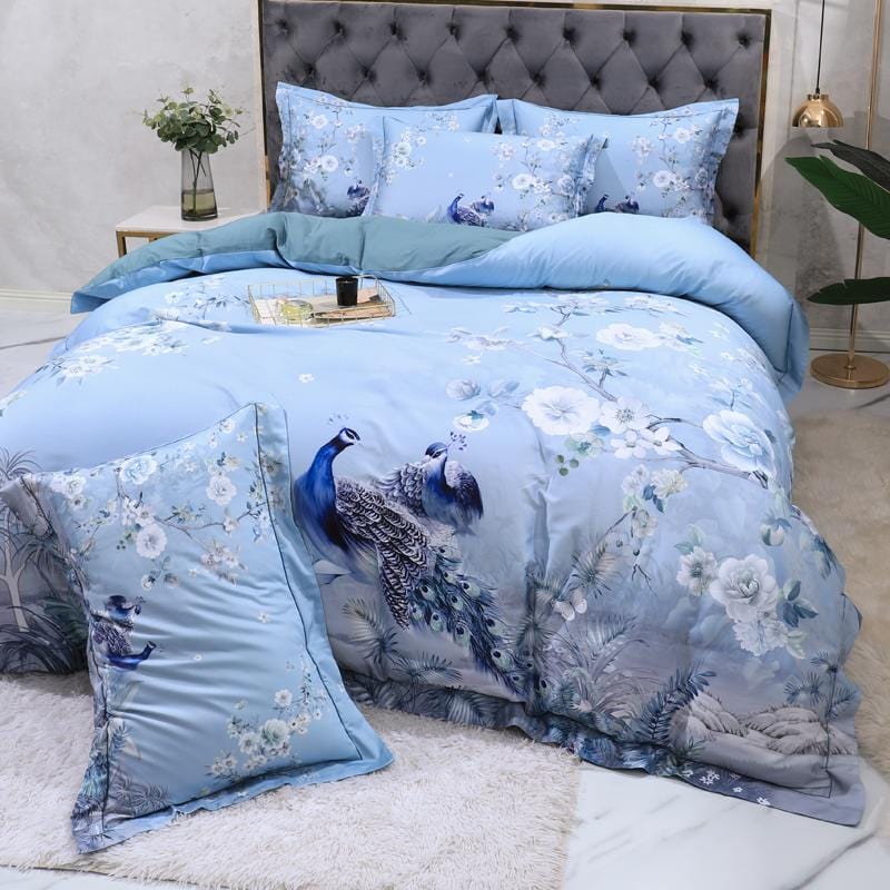 Egyptian Cotton Bedding Set | 78.7 - 90.6 in | Blue Floral Peacock Pattern | Soft Breathable 4-Piece Duvet Cover Set | Brick by Brick