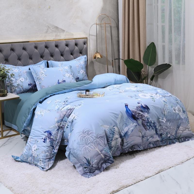 Egyptian Cotton Bedding Set | 78.7 - 90.6 in | Blue Floral Peacock Pattern | Soft Breathable 4-Piece Duvet Cover Set | Brick by Brick