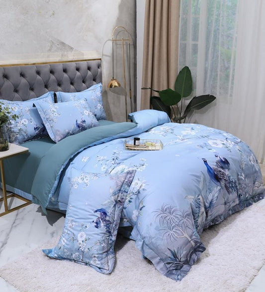 Egyptian Cotton Bedding Set | 78.7 - 90.6 in | Blue Floral Peacock Pattern | Soft Breathable 4-Piece Duvet Cover Set | Brick by Brick