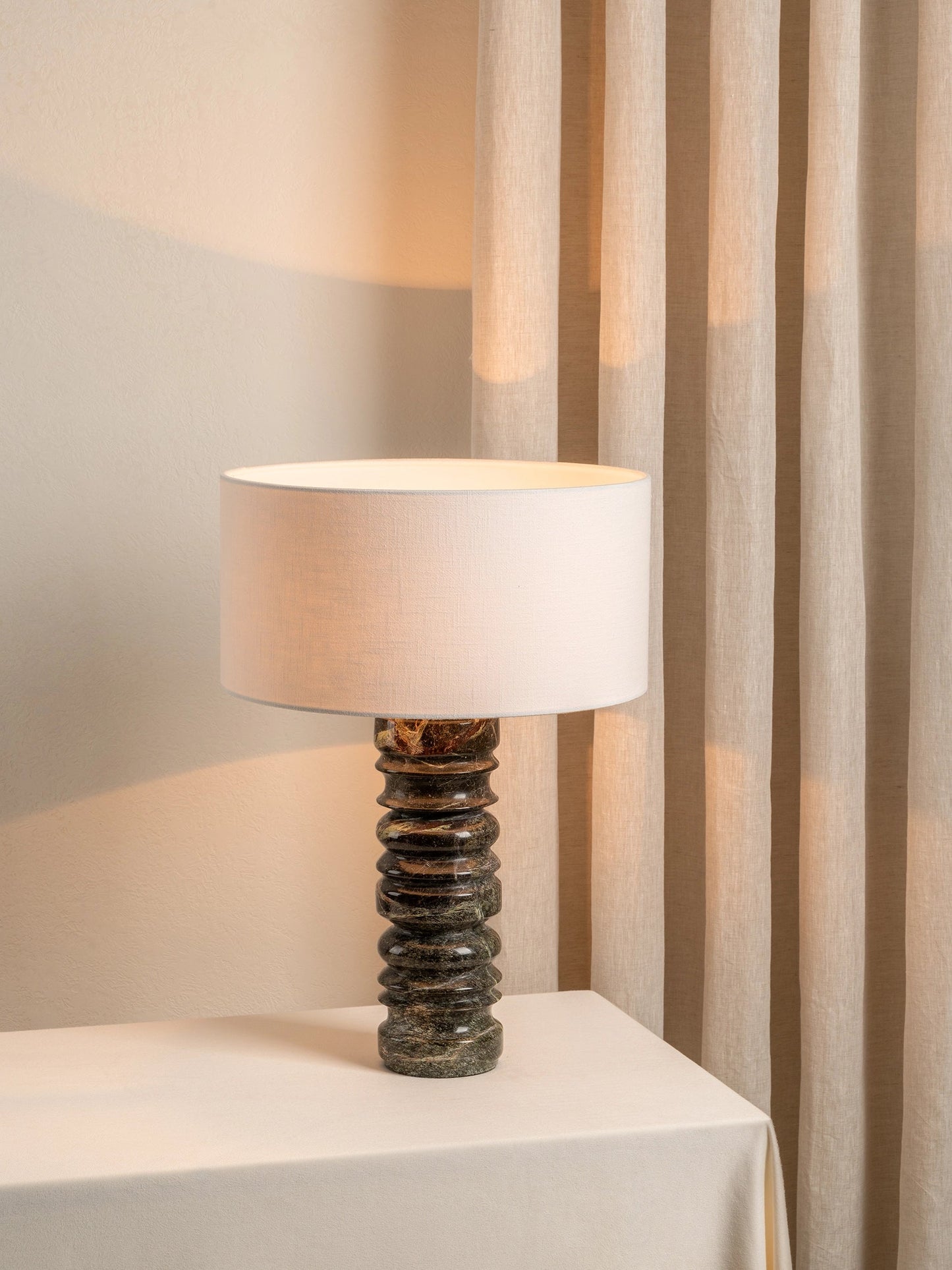 Renee Large Green Marble Table Lamp | Elegant Bedside Lamp | 24 Handmade White Linen Shade | Brick by Brick London 2