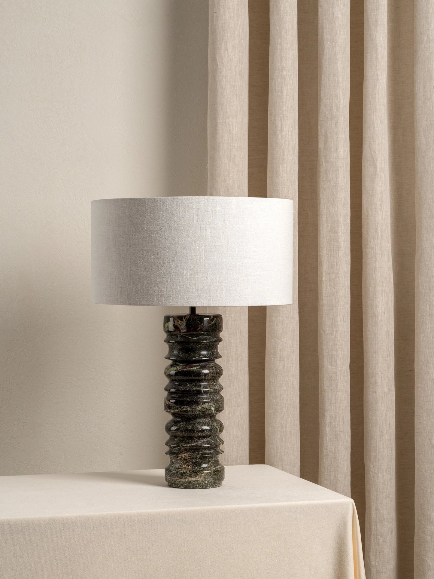 Renee Large Green Marble Table Lamp | Elegant Bedside Lamp | 24 Handmade White Linen Shade | Brick by Brick London 3