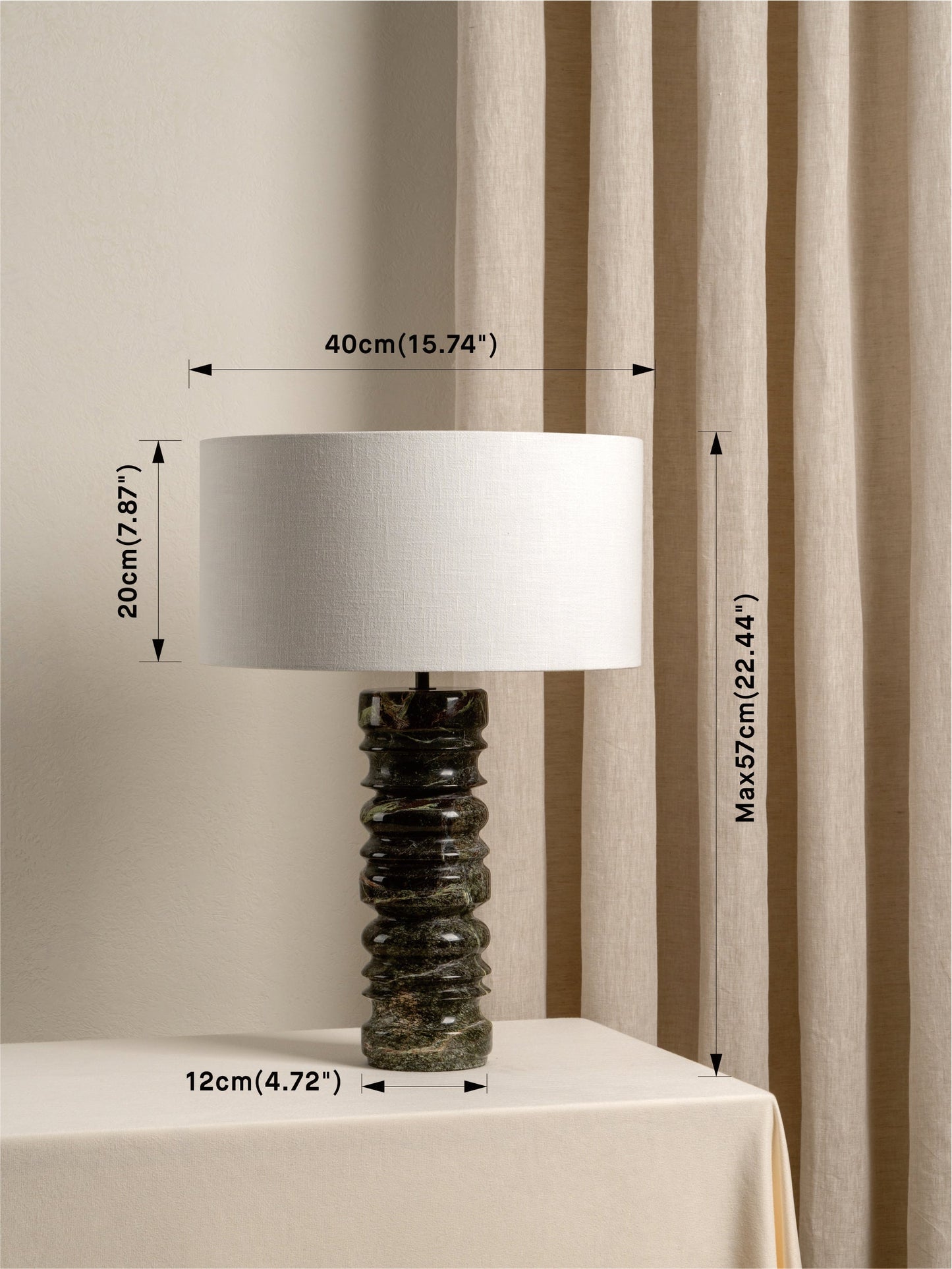 Renee Large Green Marble Table Lamp | Elegant Bedside Lamp | 24 Handmade White Linen Shade | Brick by Brick London 4