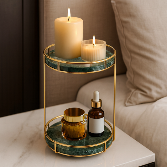 Round Marble Double Tray | Medium to Large | Two-Tier Display | Gold Frame | Brick by Brick