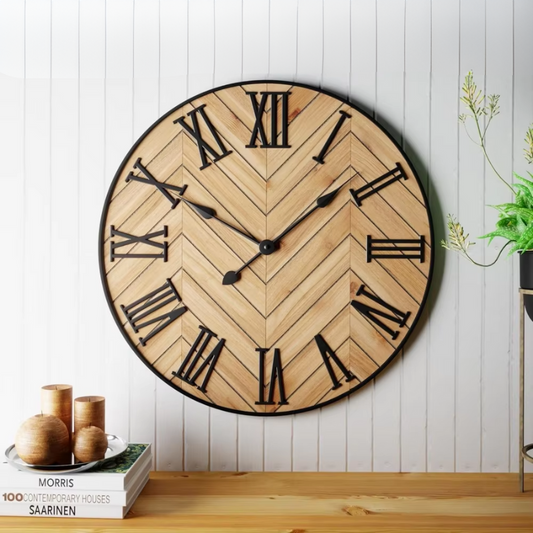 Rustic 24-Inch Roman Numeral Wall Clock | Oversized Metal & Wood Design | Silent Quartz Mechanism | Perfect for Kitchen, Living Room & Home Decor | Brick by Brick London 0