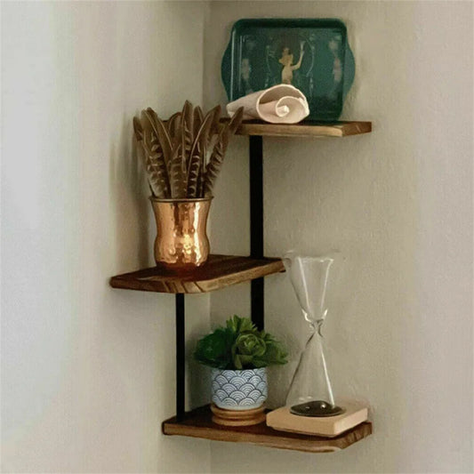 3-Tier Lucca Corner Floating Shelf | 10.2 × 17.2 in | Rustic Wood | Metal Wall Storage | Brick by Brick
