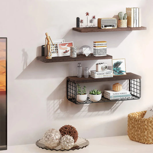 Floating Wall Shelf Set | 3-Piece Storage | Paulownia Wood | Dark Brown | Brick by Brick