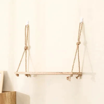 Wooden Floating Wall Shelf |11.8 × 5.9 inches | Hanging Rope Plant Display | 1/2/3-Tier Storage for Home