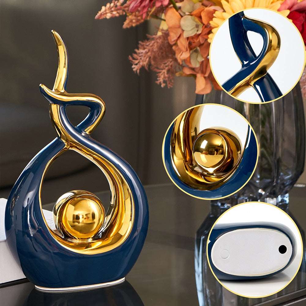 Abstract Ceramic Sculpture | Modern Decor with Gold Accents | Shelf or Desk Ornament
