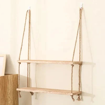 Wooden Floating Wall Shelf |11.8 × 5.9 inches | Hanging Rope Plant Display | 1/2/3-Tier Storage for Home