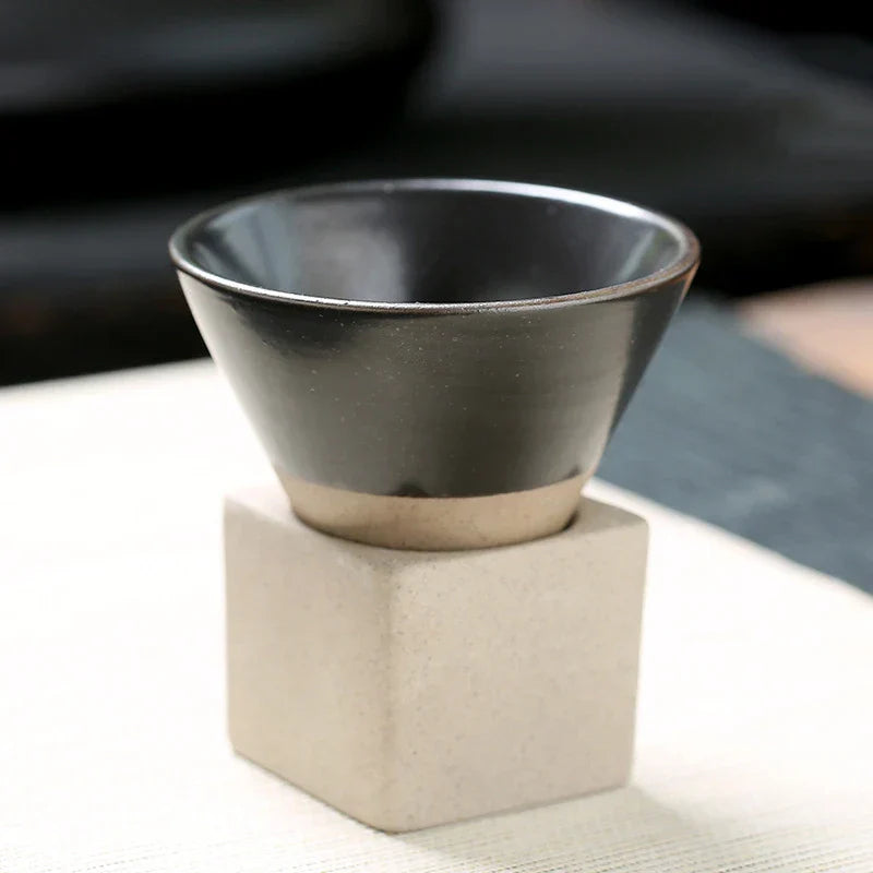 Cone‑Shaped Espresso Cup – Vintage Style Ceramic - with Stand-Brick by Brick London-Black-Brick By Brick London