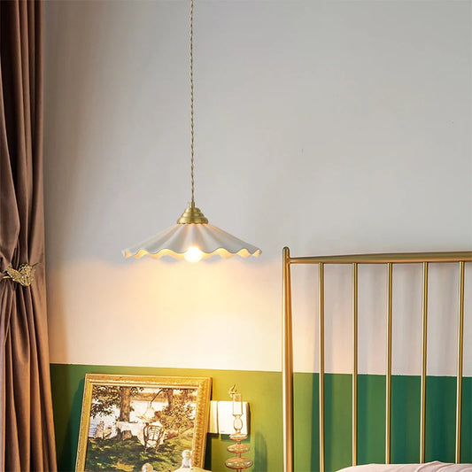 Modern Ceramic Pendant Lamp | 11.8 in | White Japanese Style Light Fixture | Copper Finish Home Lighting | Brick by Brick