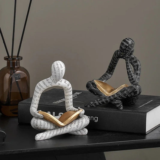 Satori Ornament Sculpture | 6.1″ Abstract Reading Figure Resin | Woven Text & Golden Book | Black or White