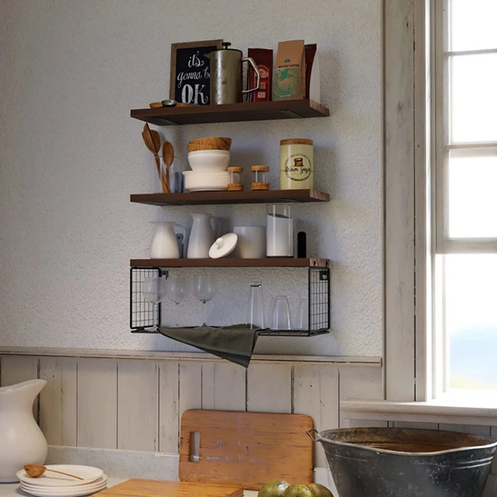 Floating Wall Shelf Set | 3-Piece Storage | Paulownia Wood | Dark Brown | Brick by Brick