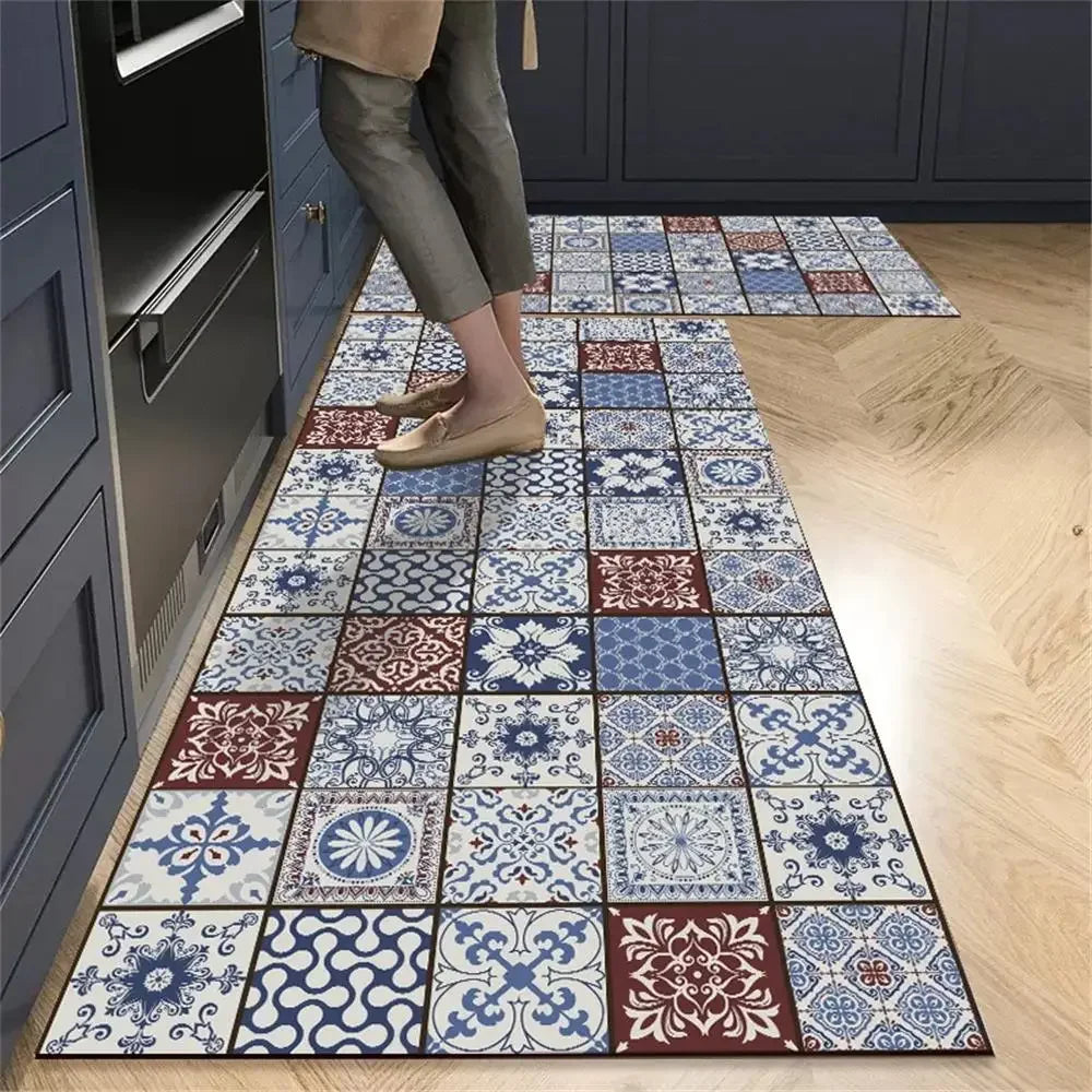 Retro Tile Kitchen Mat | Non-Slip Crystal Velvet Rug | Absorbent Washable Entryway Carpet | Brick by Brick