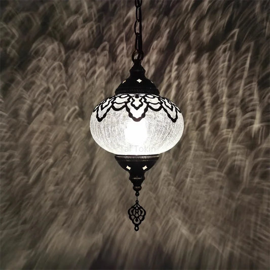 Vintage Ice Crack Glass Pendant Lamp | 7in | Hollow Carved Ceiling Light | Bronze Iron Fixture | Brick by Brick