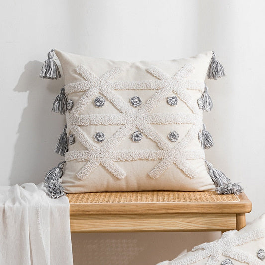Embroidered Japandi Pillowcase | 17.72 or 19.69 in | Cotton & Linen | Soft Grey & White | Brick by Brick