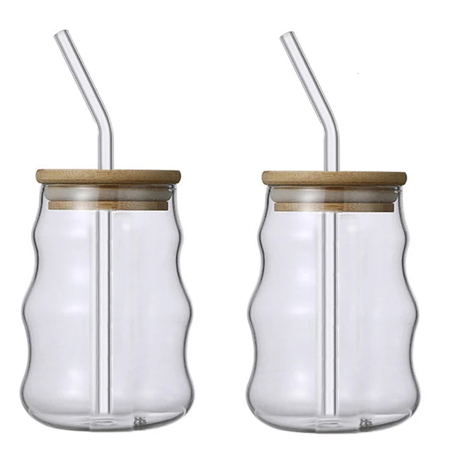 Glass Straw Cup | 5.1 H x 2.7 D in | Wave Design Drinking Glass | Heat Resistant Borosilicate | Brick by Brick