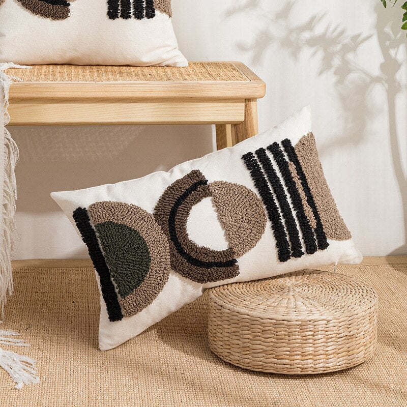 Embroidered Japandi Pillowcase | 17.72 or 19.69 in | Cotton & Linen | Soft Grey & White | Brick by Brick