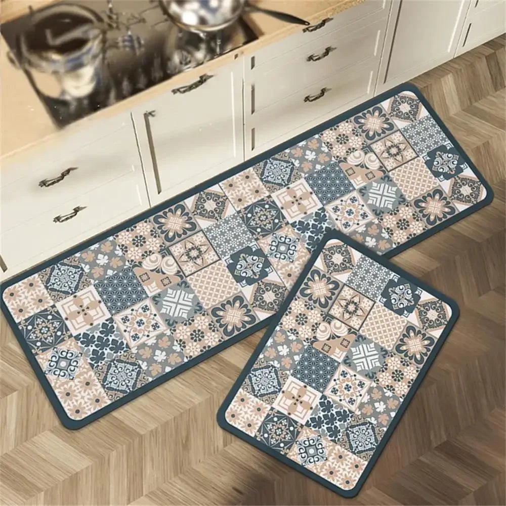 Retro Tile Kitchen Mat | Non-Slip Crystal Velvet Rug | Absorbent Washable Entryway Carpet | Brick by Brick