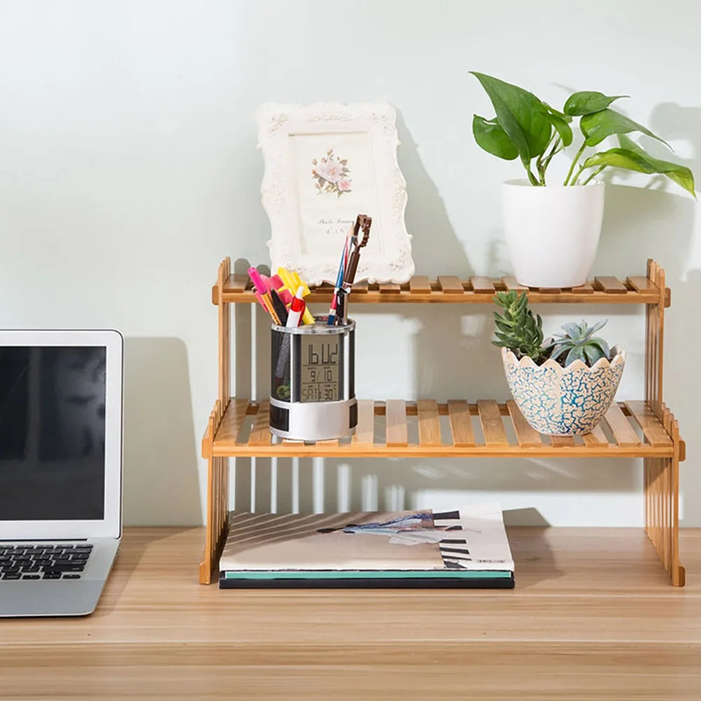 Compact Wooden Display Shelf | 18.5 × 8.3 × 11.8 in | 2-Tier Desk Organizer | Plant Stand | Brick by Brick