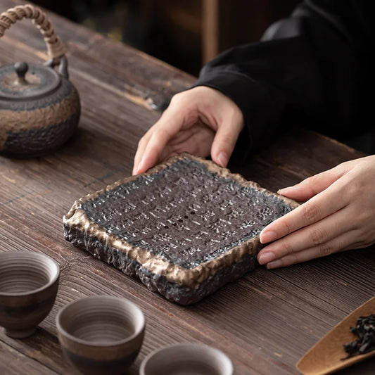Ceramic Tea Pot Set with Tray | 250ml Teapot + 5.5" Tray | Rustic Artisan Ocha Collection | Brick by Brick