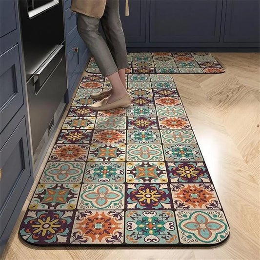 Retro Tile Kitchen Mat | Non-Slip Crystal Velvet Rug | Absorbent Washable Entryway Carpet | Brick by Brick