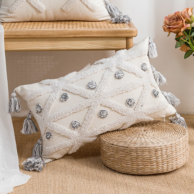 Embroidered Japandi Pillowcase | 17.72 or 19.69 in | Cotton & Linen | Soft Grey & White | Brick by Brick