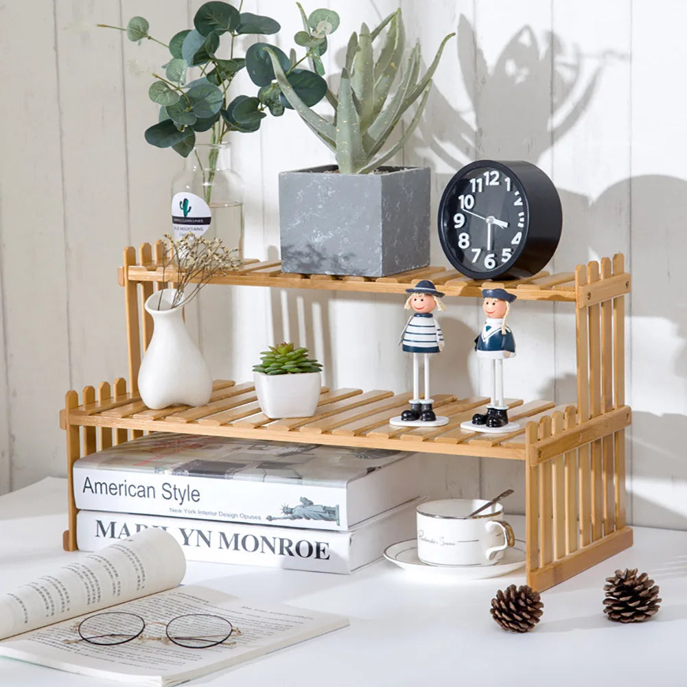 Compact Wooden Display Shelf | 18.5 × 8.3 × 11.8 in | 2-Tier Desk Organizer | Plant Stand | Brick by Brick